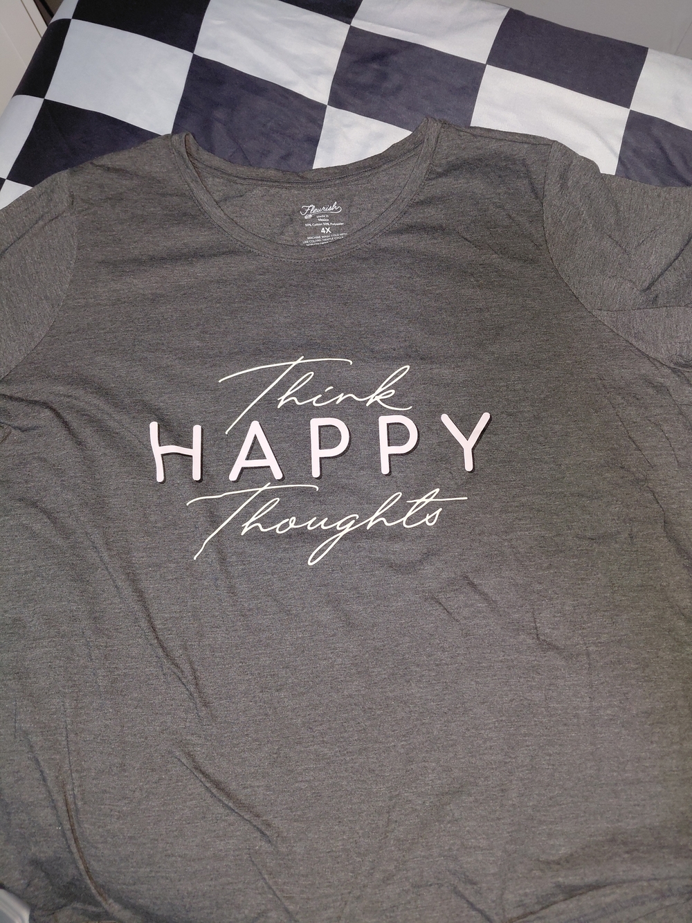 Fleurish Gray Short Sleeve Tee with Pink and White "Think Happy Thoughts"